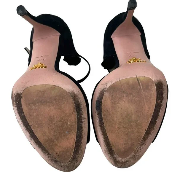 PRADA Open Toe Ruffle Suede Strap Ankle Heel Sandals Women's Size 7 Prom Formal - Picture 9 of 16